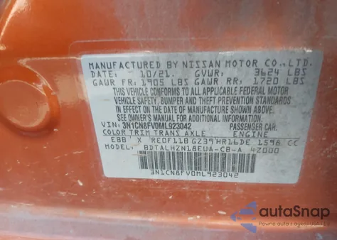 2021 Nissan Versa Sr Xtronic Cvt from USA, damaged, VIN 3N1CN8FV0ML923042